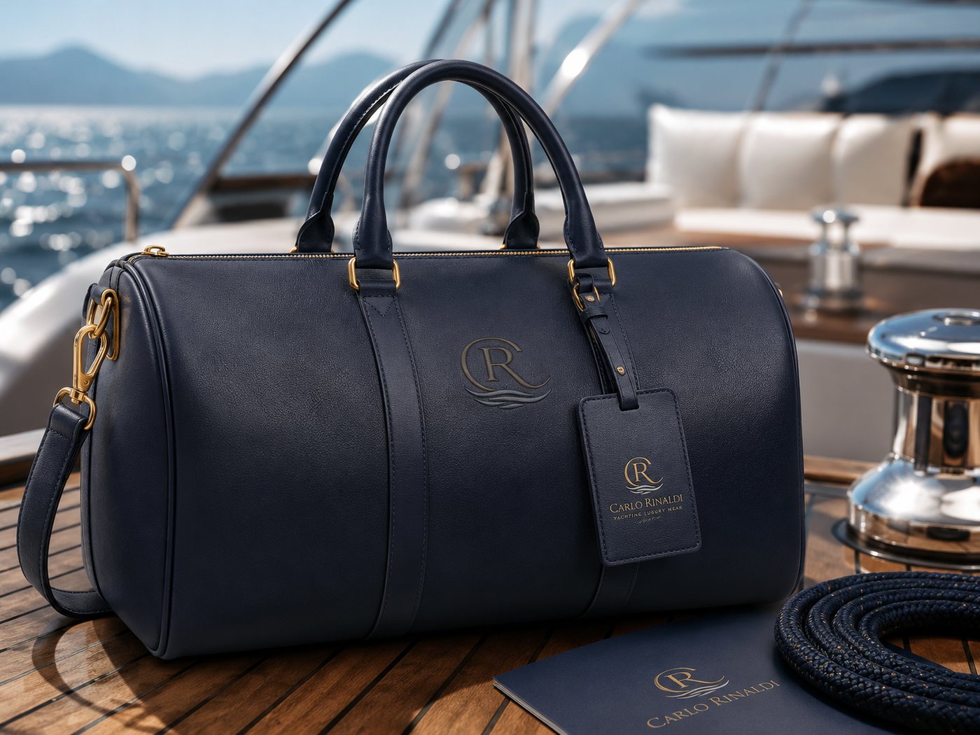 Midnight-blue leather weekender bag by Carlo Rinaldi on a teak deck
