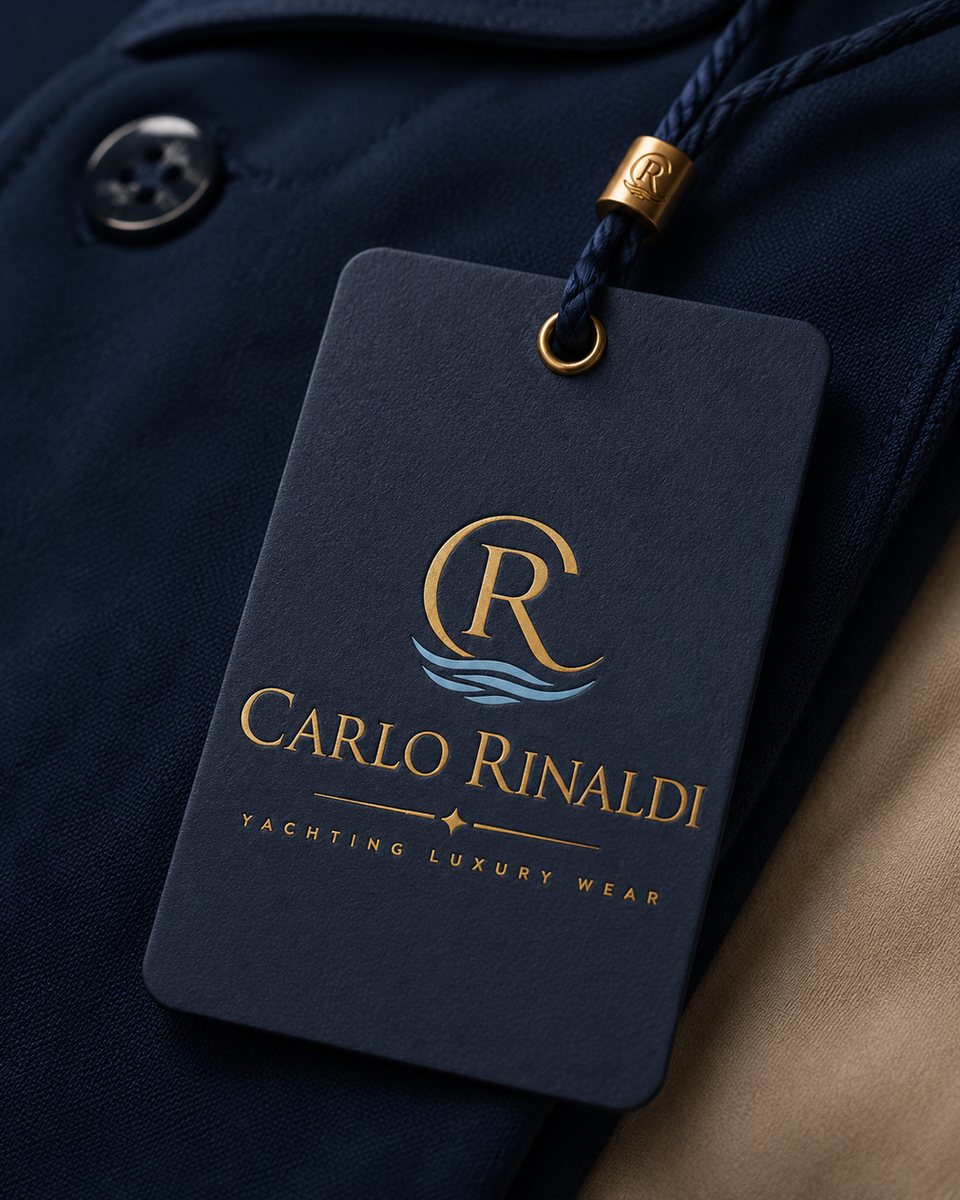 Cartellino Carlo Rinaldi in blu notte con logo impresso in oro