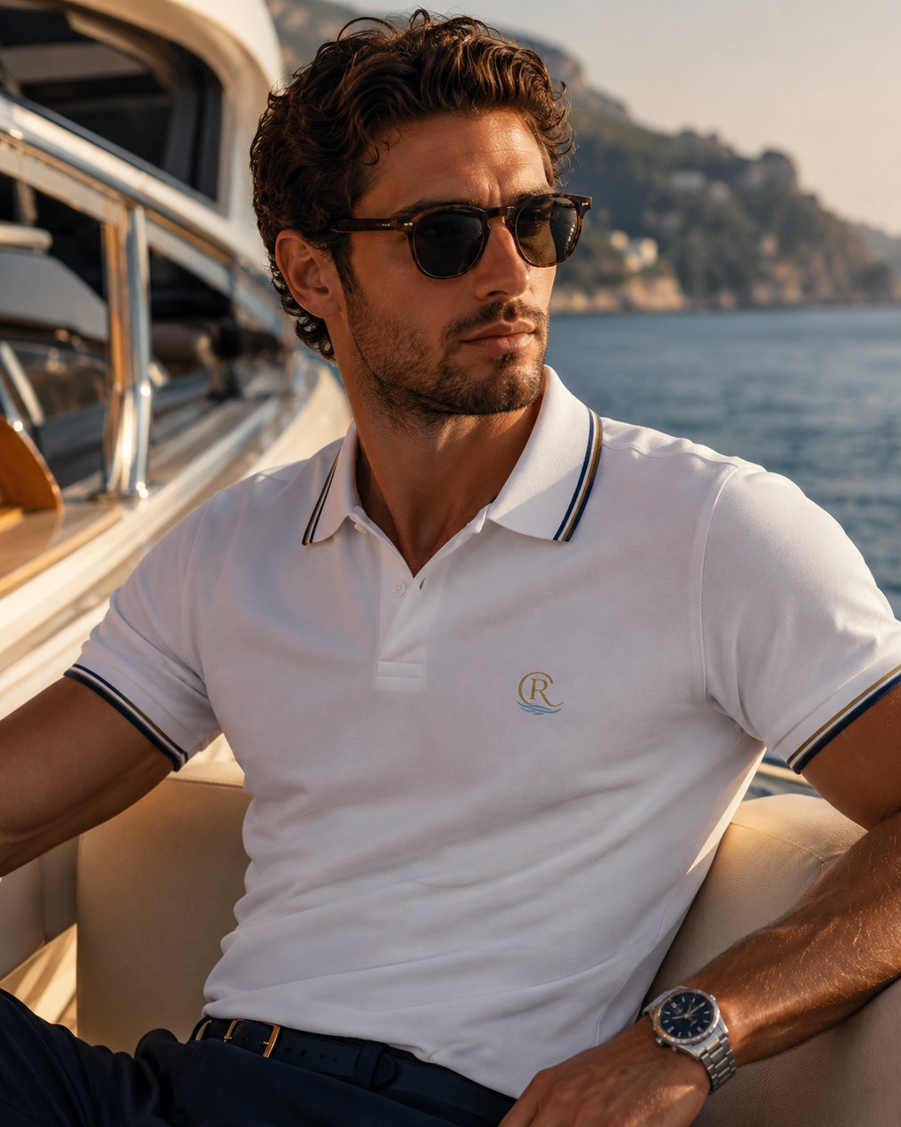 A man aboard a yacht wearing the white Carlo Rinaldi polo along the Mediterranean coast