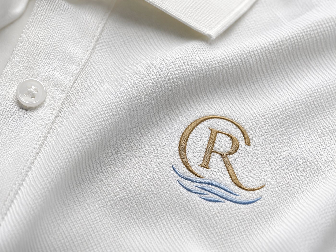 Detail of the CR monogram embroidered in gold and blue on the white polo