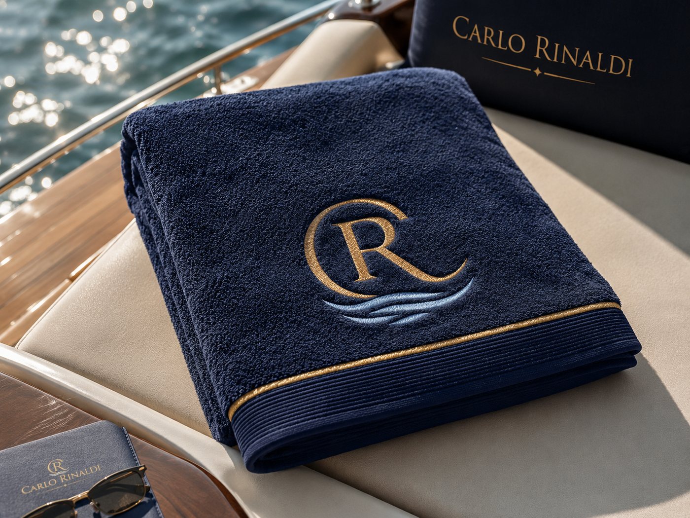 Midnight-blue onboard towel with the embroidered CR monogram
